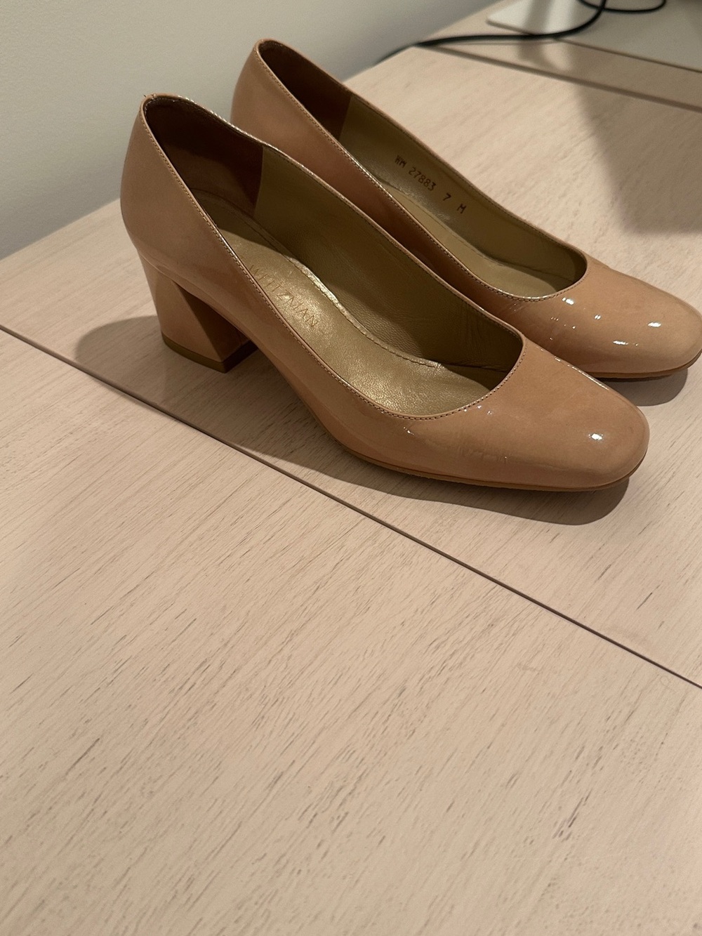 Stuart Weitzman Women’s Nude Patent Block Heel Pumps